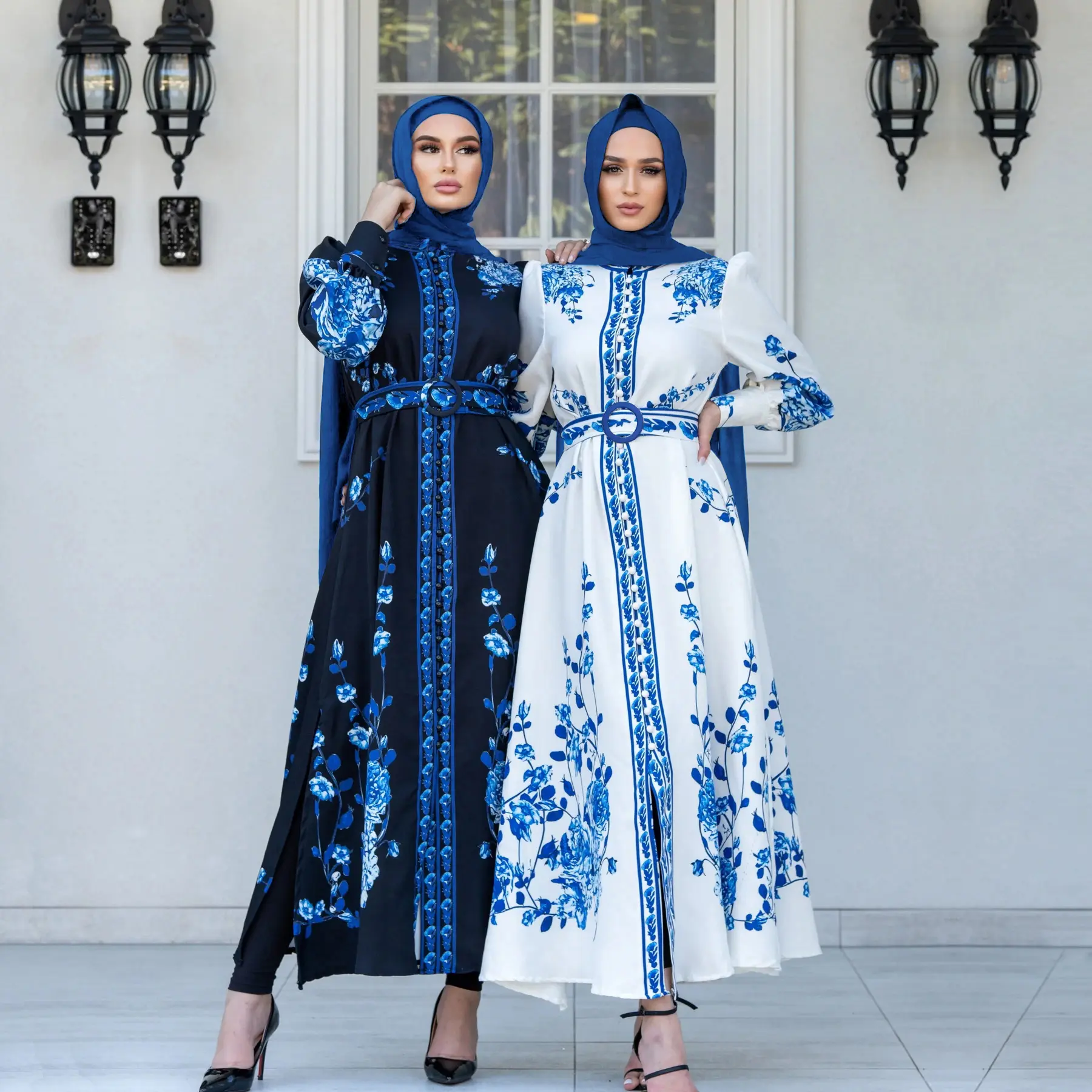 Mùa Thu Thời Trang Chữ In Màu Đỏ Cổ Điển Maxi Hồi Giáo Váy Phụ Nữ Dài Tay Áo Lần Lượt Xuống Cổ Áo Vành Đai Một Dòng Đảng Áo Vestidos