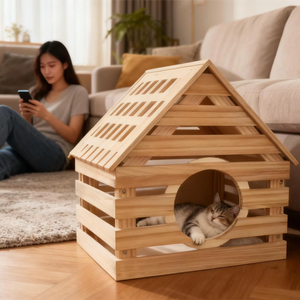 Cuccia Ecologica in Legno Massello Naturale per Cani e Gatti, Comodo Letto per Animali Domestici - Product Image 1