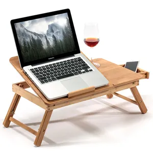 Bamboo wooden computer desk/ portable foldable laptop table with cup holder cooler fan drawer