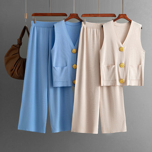 <span class=keywords><strong>Fashion</strong></span> Set Damen Sommer New Sleeve less Button Knitted Top einfarbig Casual Wide Leg Pants Zweiteiliges Set - Product Image 1