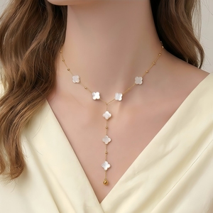 Collar Lariat de Aguamarina Natural 2026 con Forma de Trébol, <span class=keywords><strong>Cadena</strong></span> de Cuentas Satélite en Forma de Y, Acero Inoxidable con Oro de 18K CL26-150 - Product Image 1