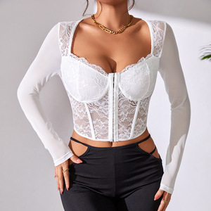 Prezzo all'ingrosso corsetti a manica lunga e bustier Sexy Lingerie da donna in pizzo ricamano corsetto Top body - Product Image 5