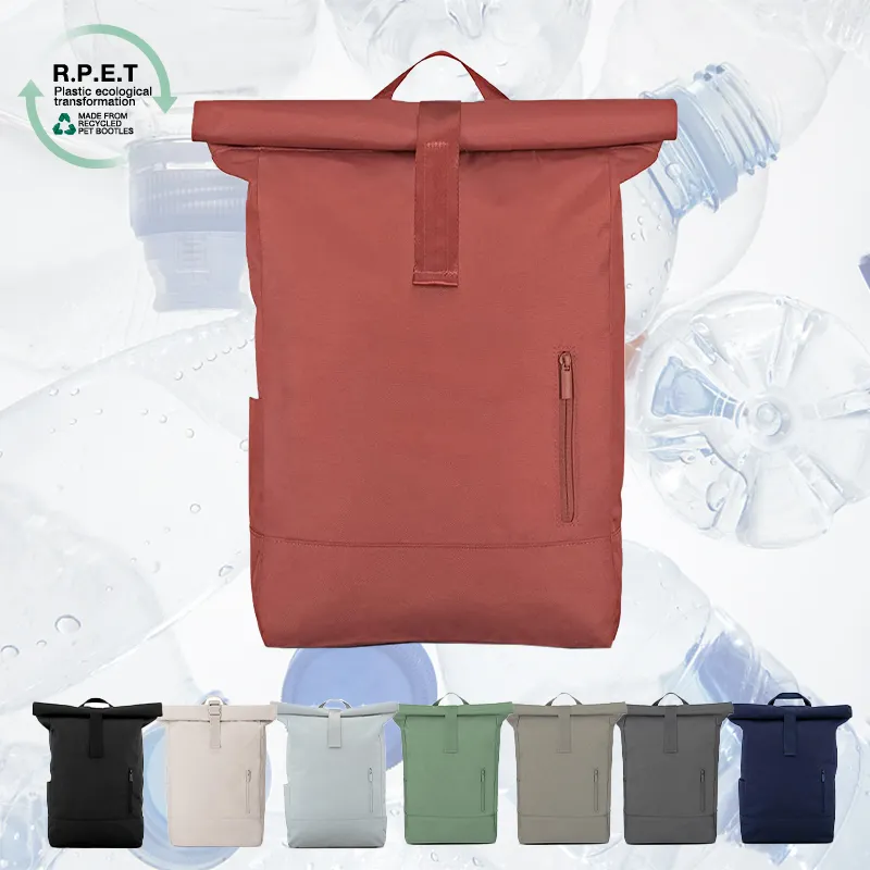 Worthfind Eco Friendly Rpet Polyester Laptop Backpacks Recycled Pet Fabric Rolltop Rucksack Waterproof Daypack