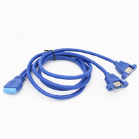 Adaptor 2 Port USB 3.0 Ganda Female 20-Pin Female untuk Pemasangan di Motherboard Komputer dengan Lubang Sekrup, Isolasi PVC, Tembaga Berlapis Timah