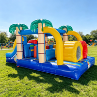 Parcours d'obstacles gonflable commercial tropical palmier avec toboggan et aire de jeux pour enfants, idéal pour la location événementielle