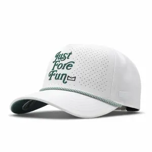 Boné de caminhoneiro perfurado com logotipo personalizado, boné snapback de golfe com corda, boné de caminhoneiro à prova d'água com remendo de borracha de PVC