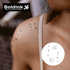 <span class=keywords><strong>Tatuaje</strong></span> Semipermanente Boldink Negro con Diseño de Estrella y <span class=keywords><strong>Luna</strong></span> Brillante, Resistente al Agua, Larga Duración (2 Semanas), Tinta Jagua - Product Image 1