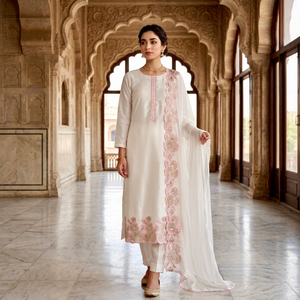 Conjunto de Kurta, Palazzo y Dupatta de Algodón Bordado en Rosa Crema, Ropa Étnica para Mujer - Product Image 2