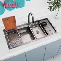 Évier de cuisine double cuve luxueux fait main en acier inoxydable 304 nano, à trois trous, sous plan, personnalisable, avec fonction de lavage de tasses