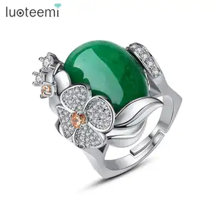 LUOTEEMI Menmade High Quality Jade Women Finger Ring Oval Shape Green Jade Flower Design Rings