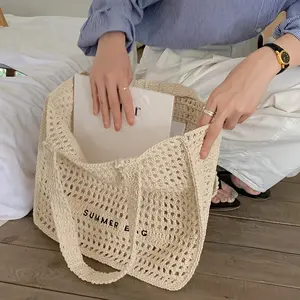 2024 Handmade Summer Crochet Letter Straw Mesh Paper Woman's Tote Fashionable PU Woven Beach Handbag Handmade Shoulder Bag