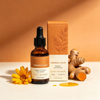 Sérum Visage Vegan Bio au Curcuma et à l'Aloe Vera, Marque Privée OEM, Éclaircissant, Unifiant le Teint, Réduit les Rougeurs, Hydratant