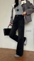 Jeans évasés sur mesure pour femmes grandes tailles, design délavé et vieilli, anti-décoloration, pantalon en jean noir élastique taille haute pour femmes