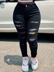 Jeans skinny déchirés pour femmes rondes, en denim noir extensible, avec imprimé arc-en-ciel sous les déchirures, taille plus, pantalon streetwear - Product Image 1