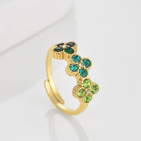 Bague ajustable tendance multicolore trèfle à quatre feuilles avec zircon et pierre précieuse en cuivre, vente en gros pour mariage