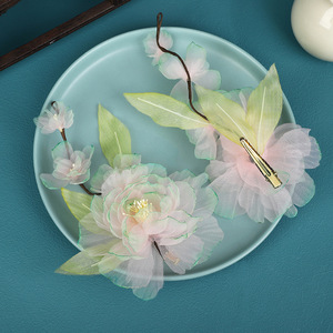 Nouveaux accessoires pour cheveux de style antique, design original, faits à la main, accessoires pour cheveux en forme de fleur de pivoine verte fraîche perforée, cheveux - Product Image 3