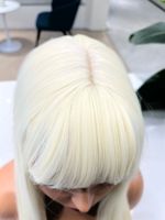 Grosir murah pirang Platinum Wig tahan panas suhu tinggi serat 613 warna mesin Wig sintetis dengan Bang