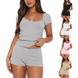 Ensemble de pantalon de détente en tricot pour femme, personnalisé, avec dentelle et blocs de couleur, col carré, coupe ajustée, style boutique, logo thermocollé - Product Image 1