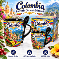 Souvenir de voyage en Colombie, tasse à café en céramique avec cuillère, drapeau colombien, impression florale de ville coloniale, tasse à café en porcelaine, 2 tailles