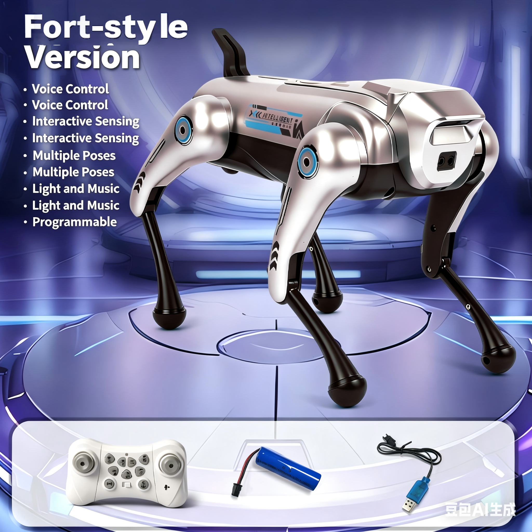 Cane meccanico intelligente con intelligenza artificiale in stile Fort