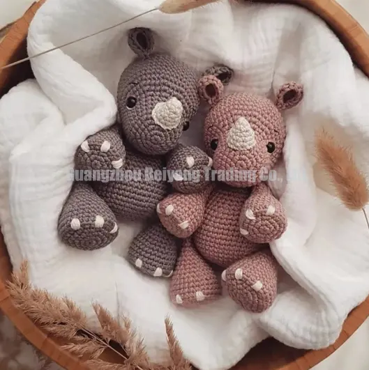 100% Cotton Hand Made Wholesale Safari Stuffed Knit Jungle Cuddle Knitted RhinocerosCrochet Amigurumi Animal Toys