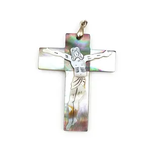 Natural Silver Jesus Catholic Cross Mother of Pearl Necklace Men God Jewellery Classic Shell Pendants Carved Engrave Crucifix