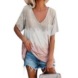 Bán Buôn Của Phụ Nữ Quần Áo Lỏng Lẻo v-Cổ Tie Nhuộm Ngắn Tay Top Phụ Nữ T-Shirt