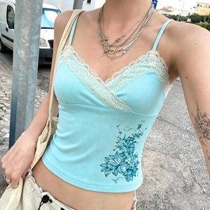 Camisola Vintage Azul Claro con Encaje y Parches Florales, Top de Verano sin Mangas con Tirantes Finos y Acanalado para Mujer - Product Image 2