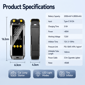 Portable <b>Car</b> Air Compressor Tire Inflator with Jump Starter LED Light Powerbank SOS Rescue Digital Pressure Gauge 150PSI OEM ODM - Product Image 5