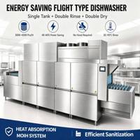 Lave-vaisselle professionnel pour cuisine centrale d'hôtel, capacité 4500 assiettes, cuve unique, double rinçage, double séchage, économe en énergie, type aérien