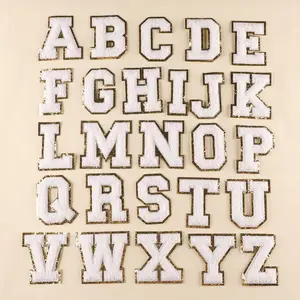 Großhandel Custom Chenille Letter Stickerei Alphabet Griechisch Klein Weiß Schwarz Hitze Eisen Glitter Patches Chenille Letters