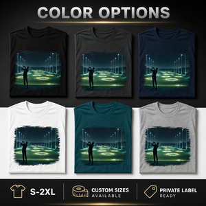 T-shirt da golf da <span class=keywords><strong>uomo</strong></span> OEM ODM Night Range Lights in jersey di cotone 240G con grafica luminosa per campi da golf, ideale per marchi di driving range - Product Image 6
