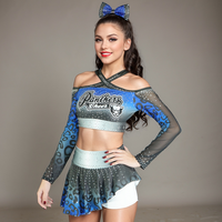 Robe de cheerleading 2 pièces bleu léopard ombré à épaules dénudées croisées, avec manches en maille ornées de strass, uniforme de danse avec chaussettes à nœuds