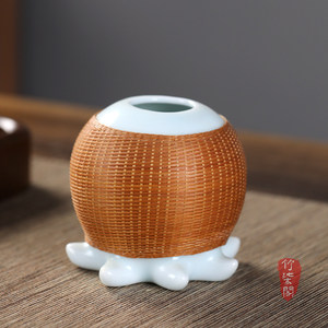 Bamboo Woven Porcelain Flower Vase Octopus Shape Handmade Traditional Ceramic Pot For Living Room Decor - Product Image 2