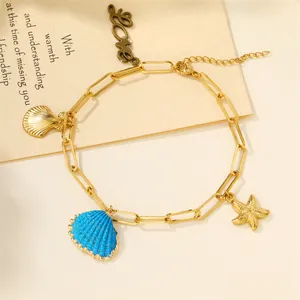 Wholesale Square Paperclip Chain Ocean Style Shell Anklets Blue Fashion Jewelry Stainless Steel Anklets For Women