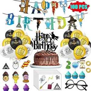 Décorations d'anniversaire du sorcier pour fête d'anniversaire, banderole magique avec lunettes, ballons, tatouages et autocollants pour lunettes Style école le sorcier