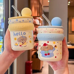 Taza <span class=keywords><strong>de</strong></span> Cerámica <span class=keywords><strong>de</strong></span> Alta Estética, Taza Térmica Aislada, Gran Capacidad, Linda Taza Gigante con Pajita, Accesorio <span class=keywords><strong>de</strong></span> Escritorio para Mujer - Product Image 3