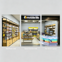 Solution complète de mobilier pour magasin d'accessoires de téléphonie mobile, étagères de présentation modulaires, comptoir de réparation en verre, éclairage personnalisé