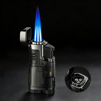 Briquet torche multifonctionnel coupe-vent à triple flamme pour cigares avec réservoir de carburant transparent, réglage de la flamme et support de cigare avec perforateur