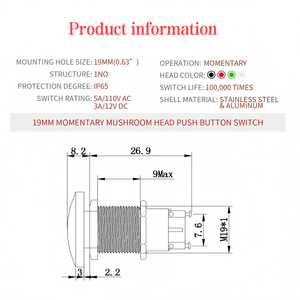 19mm màu xanh lá cây nấm đầu đẩy nút chuyển đổi tạm thời IP65 không thấm nước 12V/24V/36V DC 110V/250V AC 5A 1NO <span class=keywords><strong>2</strong></span> Pin kim loại điện tử - Product Image 2