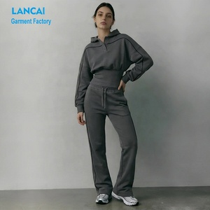 Custom Athleisure Wear Manufacturer Women Contrast Piping Cinched Waist Hoodie and Straight Leg Pants Two Piece Sweatsuits <b>Set</b> - Product Image 1