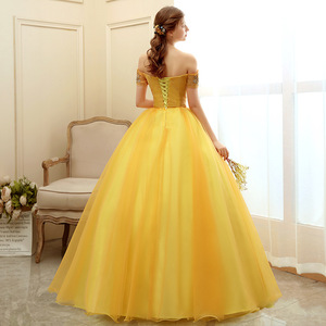 Gold Off The Shoulder Ball Gown Empire Waist Long Evening Dress For Women With Lace Up Back And Tulle Skirt - Product Image 4