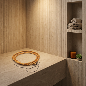 Collier de yoga en bois de santal indien Riddhi Siddhi de haute qualité avec 108 perles rondes naturelles brun doré foncé du Rajasthan - Product Image 1