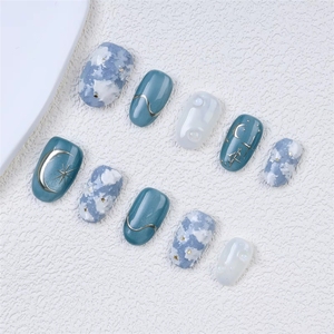 Faux <span class=keywords><strong>Ongles</strong></span> Personnalisés Effet <span class=keywords><strong>Métallique</strong></span> Étoile et Lune, Acrylique <span class=keywords><strong>Bleu</strong></span> Nuage 3D, Courts, Ronds, Ovales, à Presser, Haute Qualité avec Colle - Product Image 4