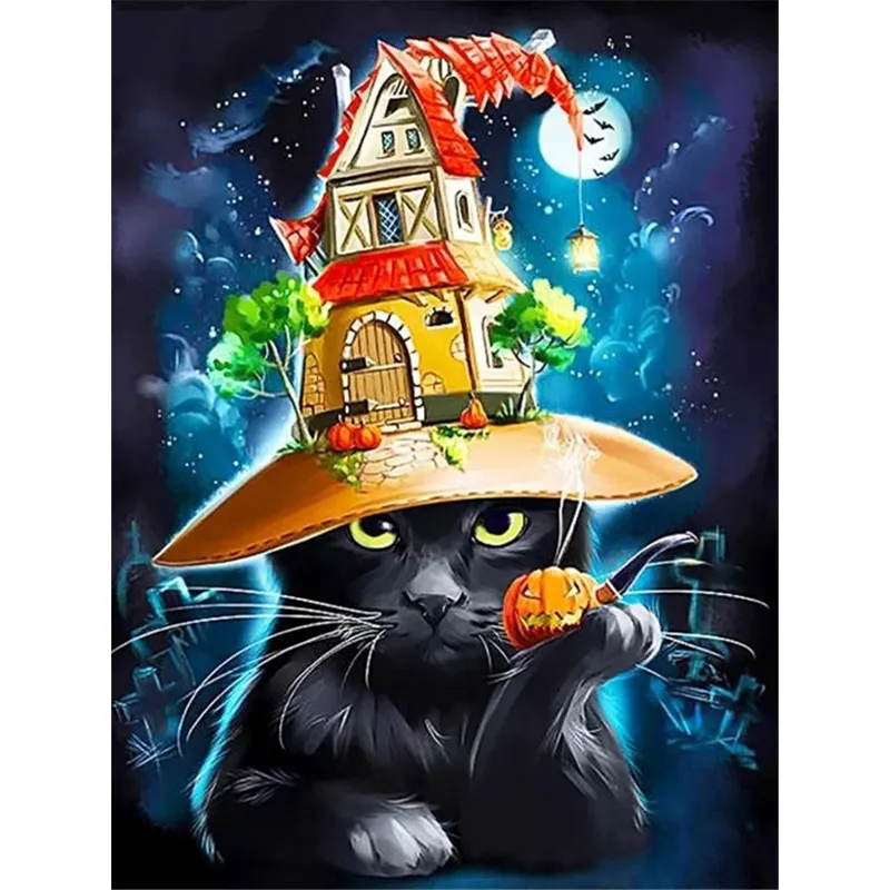 Pintura de diamante de gato de Halloween, Kit completo de pintura de diamante de gato de Halloween, bordado de Festival de calabaza, decoración del hogar, Casa Encantada