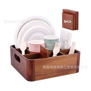 Wooden Multi Compartment Tableware <b>Storage</b> <b>Box</b> 10.5 In With Handle For <b>Kitchen</b> Drawer Organizer - Product Image 5