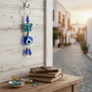 Llavero de Cristal Hecho a Mano con Cuentas de Ojo Turco en Forma de Mariposa Turquesa, Hecho en Turquía - Product Image 4