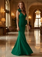 Robe de soirée sirène vert émeraude de luxe avec fleurs 3D faites à la main, col en V, robe de bal formelle