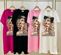 Robes d'été pour femmes en coton 100% imprimées de dessins animés avec strass, taille plus, décontractées, OC540