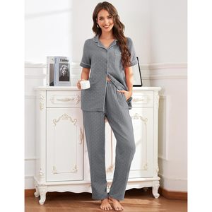 FOXA Conjunto de pijama de algodón con lunares para mujer, camiseta de manga corta con botones, pantalones largos, ropa de dormir con bolsillos - Product Image 3